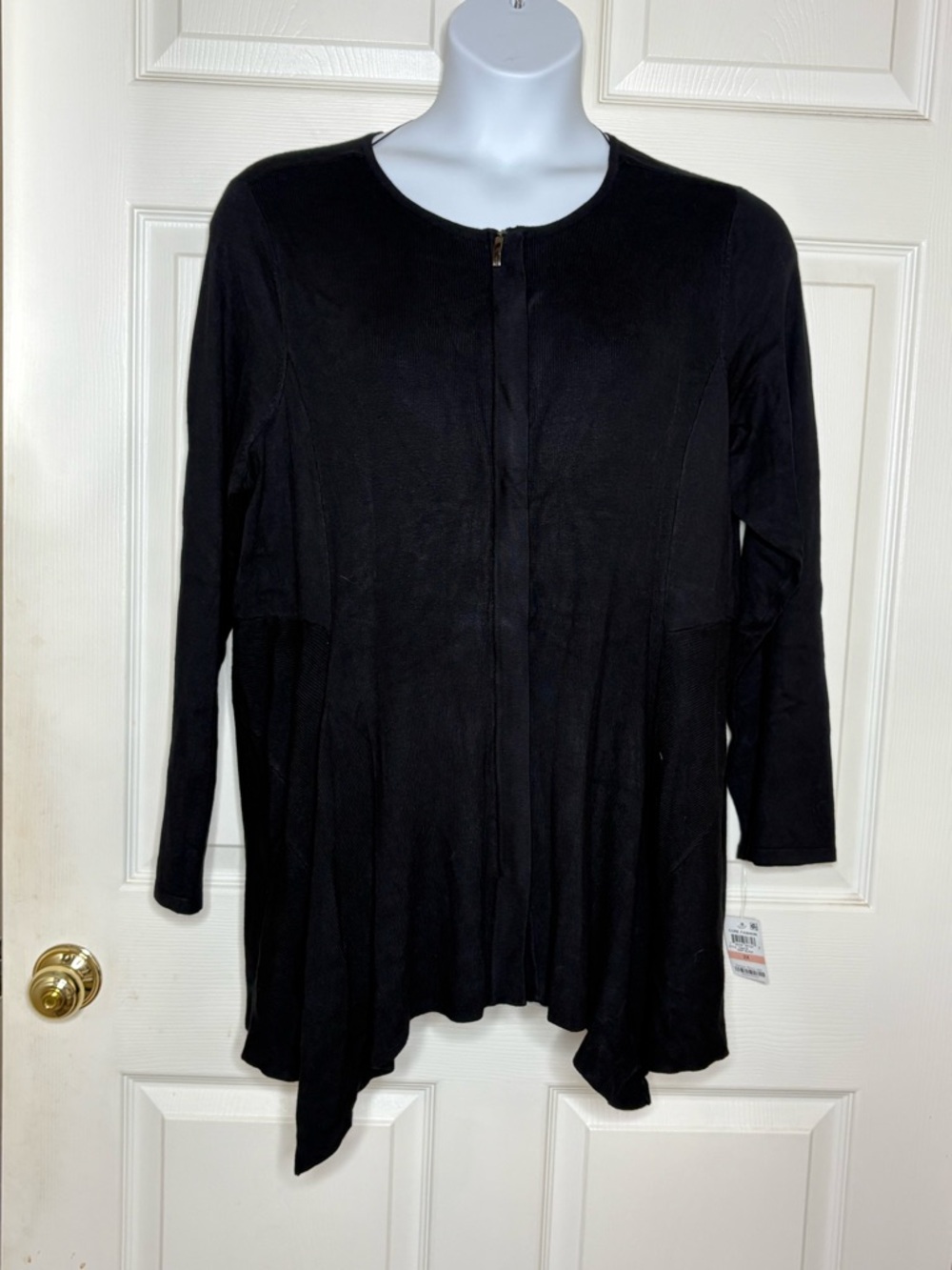 Alfani Black Ribbed Full Zip-Front Tunic Cardigan Asymmetrical Hem